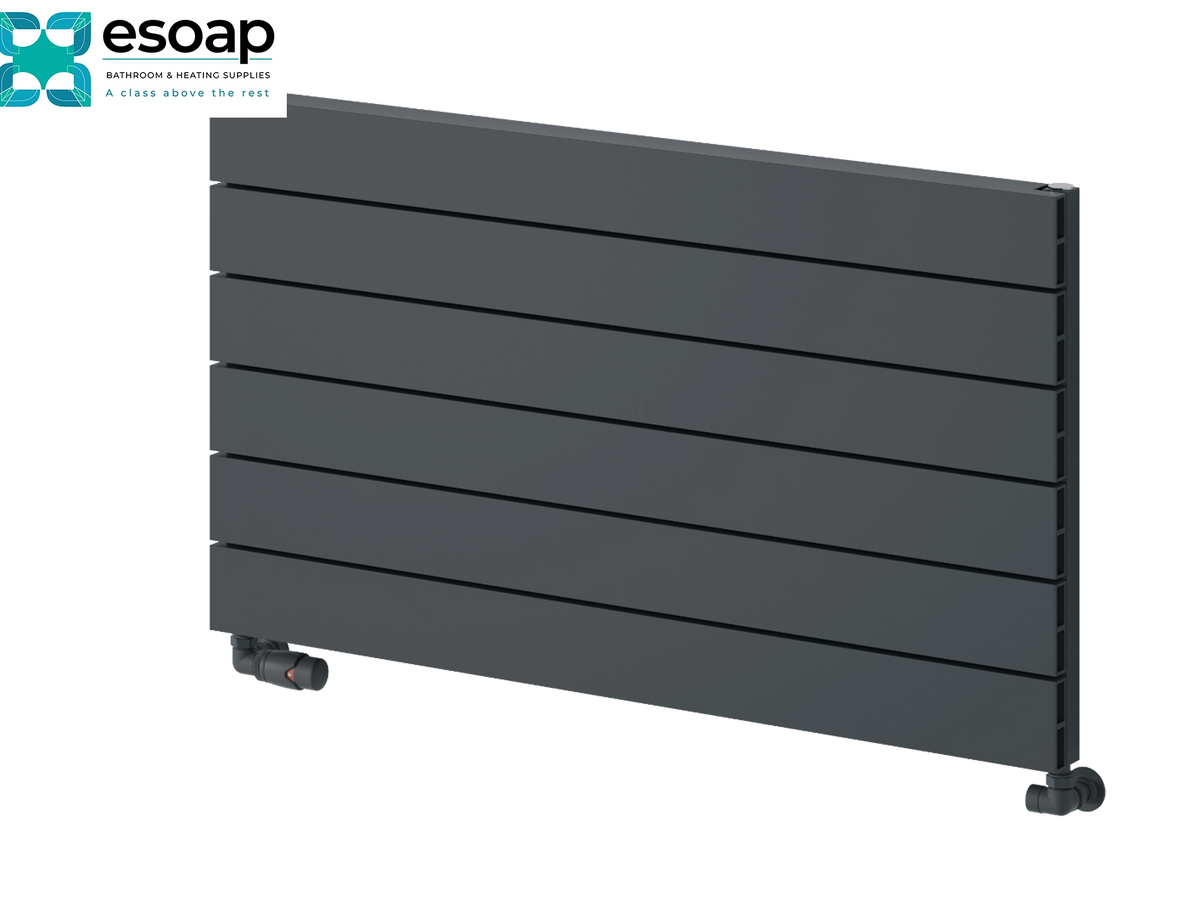 A dark gray horizontal slat panel radiator shown at an angle on a white background, with the Esoap logo in the top-left corner. Reina Rienza 565x1000 Anthracite Designer Radiator