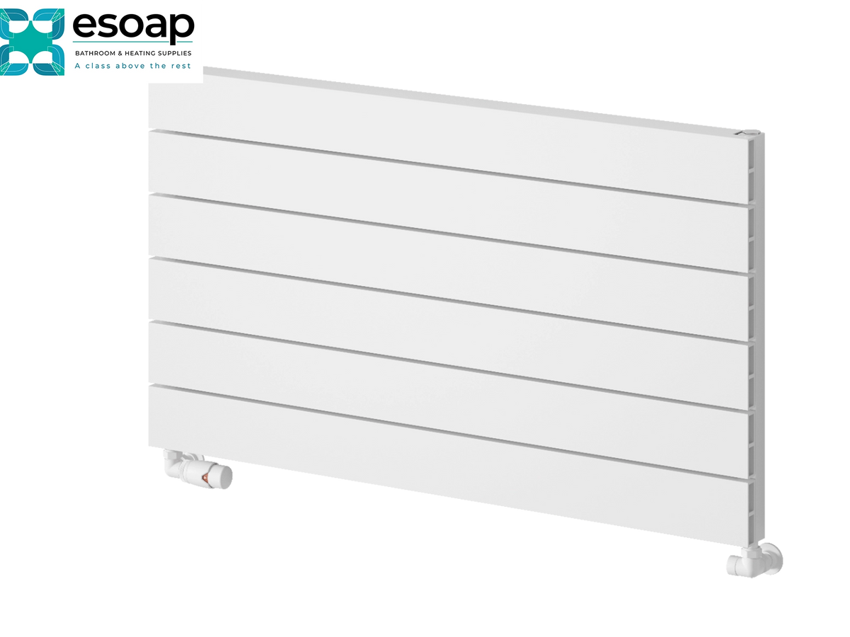 A white multi-panel radiators with horizontal louvers, shown from a three-quarters angle on a white background with the Esoap logo in the top-left corner. Reina Rienza 565x1000 White Designer Radiator