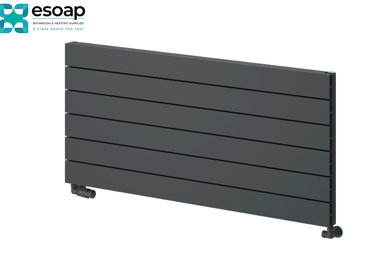 A dark gray horizontal-panel radiators by Esoap, shown from a three-quarter angle on a white background with the Esoap logo in the top-left corner. Reina Rienza 565x1200 Anthracite Designer Radiator