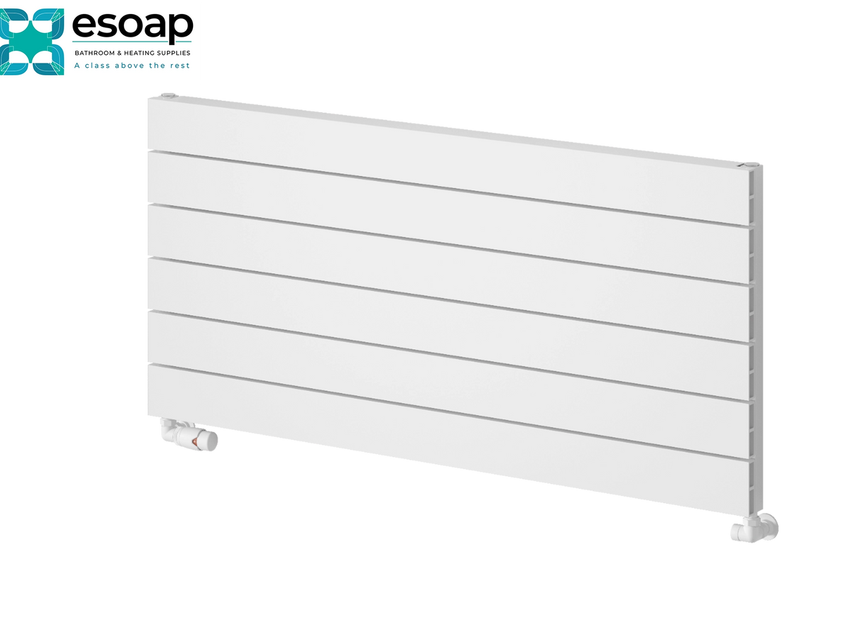 White panel radiator with horizontal fins and white plastic valves at the bottom, shown on a clean white background with the Esoap logo in the top-left corner. Reina Rienza 565x1200 White Designer Radiator