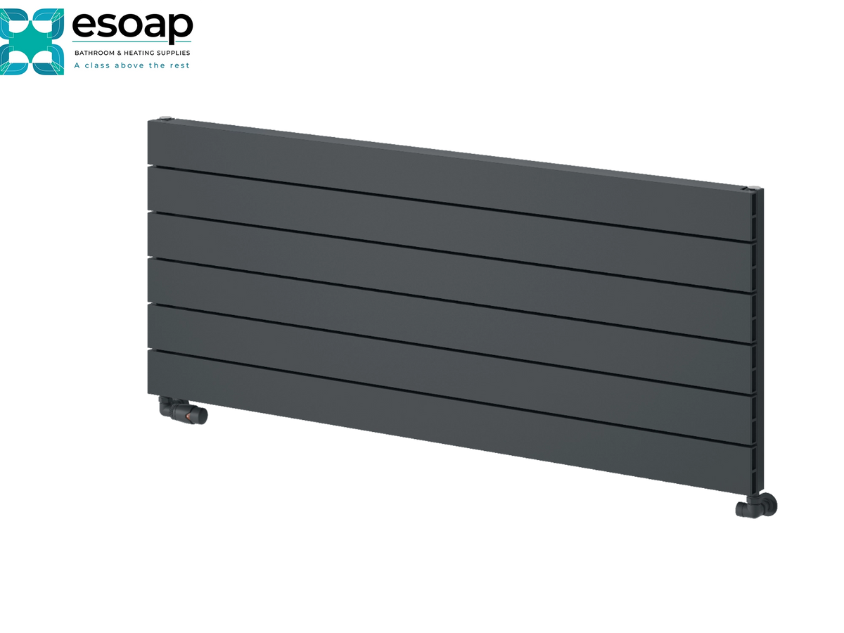 A dark gray horizontal slat panel radiator by Esoap, shown at an angle on a white background with the Esoap logo in the top-left corner. Reina Rienza 565x1400 Anthracite Designer Radiator