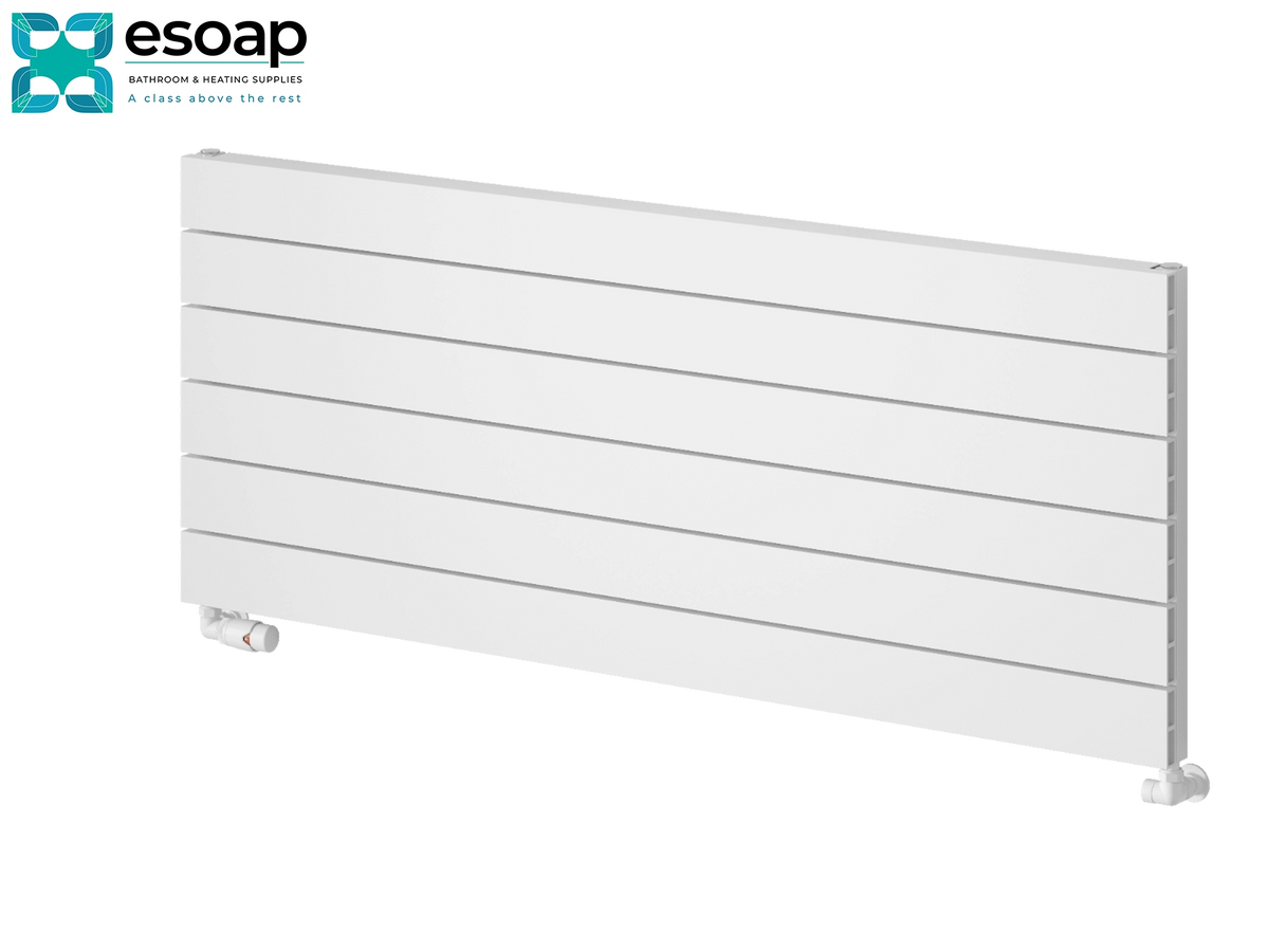 A white panel radiators by Esoap, featuring horizontal slats and white valves at the bottom, shown on a clean white background with the Esoap logo in the top-left corner. Reina Rienza 565x1400 White Designer Radiator