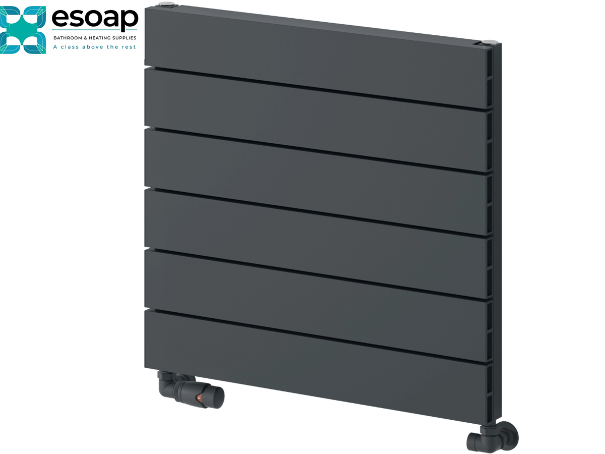 A dark gray panel radiators by Esoap, featuring six horizontal slats and black feet, shown on a white background with the Esoap logo in the top-left corner. Reina Rienza 565x600 Anthracite Designer Radiator