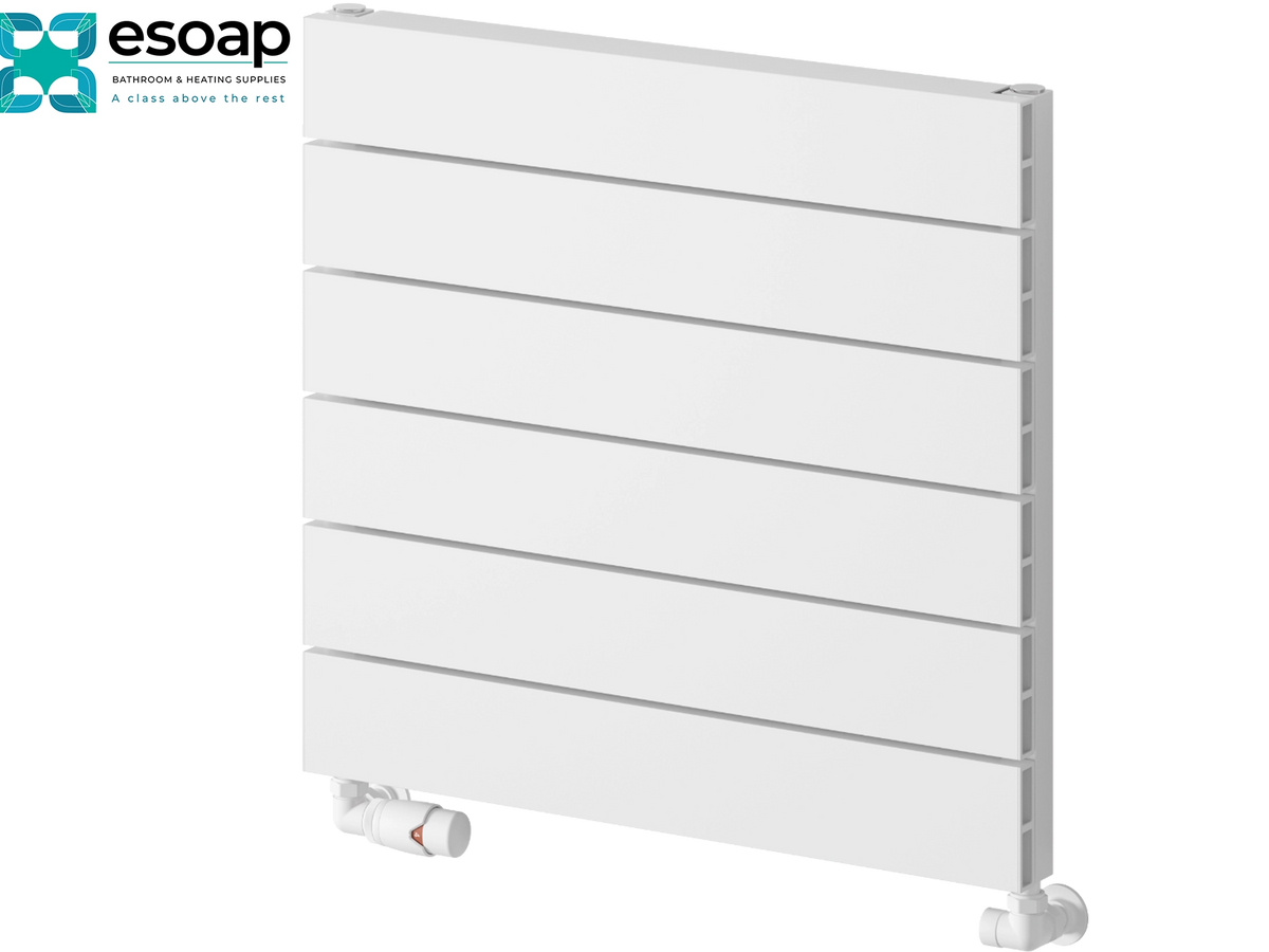 A white multi-panel radiators with a horizontal design, featuring white valves at the base, shown on a solid white background with the Esoap logo in the top-left corner. Reina Rienza 565x600 White Designer Radiator