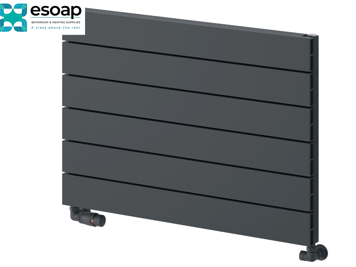 A dark gray panel radiators by Esoap, featuring horizontal slats and black valves at the base, shown on a white background with the Esoap logo in the top-left corner. Reina Rienza 565x800 Anthracite Designer Radiator