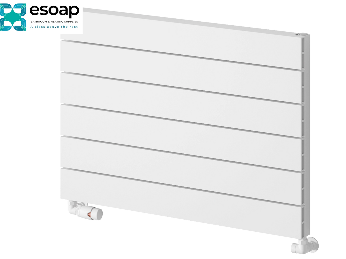 A white multi-panel radiators with a slatted horizontal design, shown at a three-quarter angle on a white background with the essoap logo in the top-left corner. Reina Rienza 565x800 White Designer Radiator