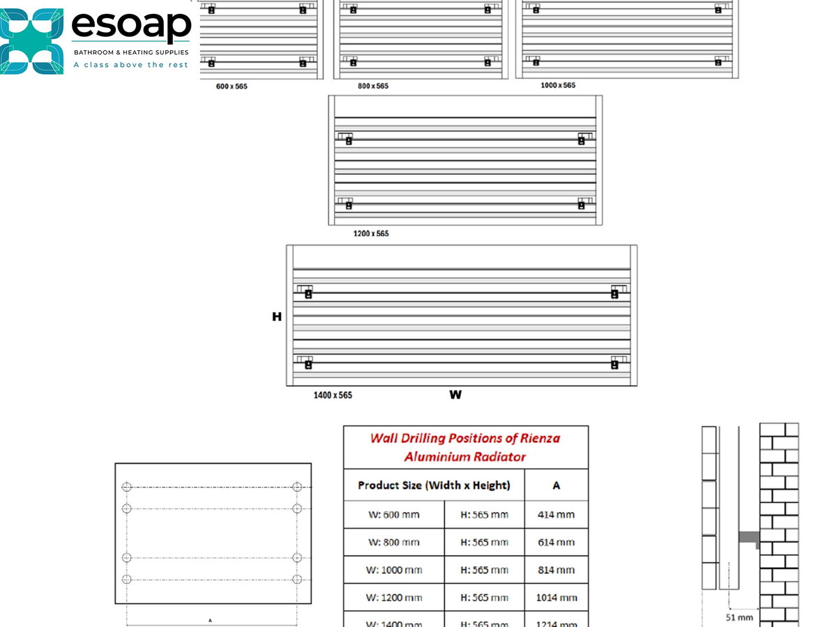 Technical specification sheet for a Esoap Rienceze Aluminium Radiator, showing multiple line drawings of the radiator with dimensions, wall drilling positions, and a size reference table. Reina Rienza Designer Radiator