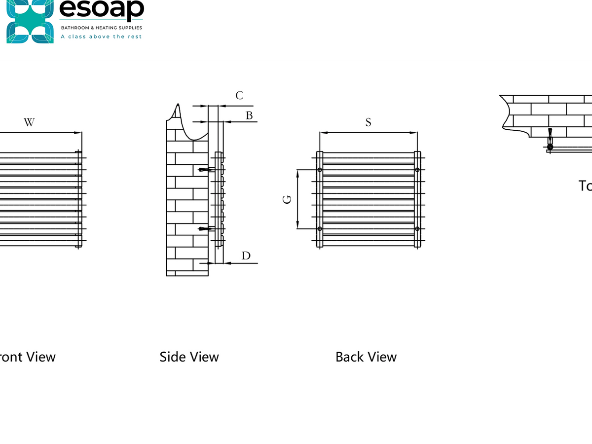 Technical dimension diagram of a wall-mounted soap dispenser, showing front, side, and back views with labeled dimensions W, B, C, D, S, and G. The Esoap logo appears at the top left on a white background Reina Rione Double Designer Radiator
