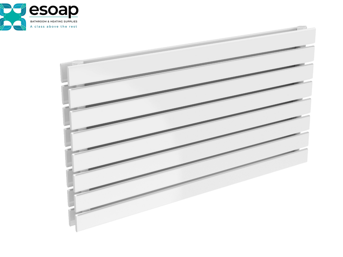 White slatted panel radiator or wall-mounted heater shown at an angle on a clean white background, with the Esoap logo in the top-left corner Reina Rione Double 544x1000 White Designer Radiator