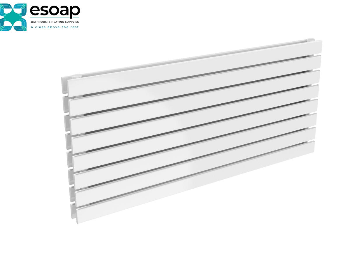 A white slatted panel heater or diffuser from ESOAP, shown at an angle on a clean white background with the ESOAP logo in the top-left corner Reina Rione Double 544x1200 White Designer Radiator