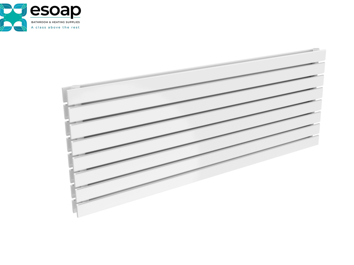 A white slatted panel heater or radiator shown at an angle on a clean white background, with the esoap brand logo in the top-left corner Reina Rione Double 544x1400 White Designer Radiator
