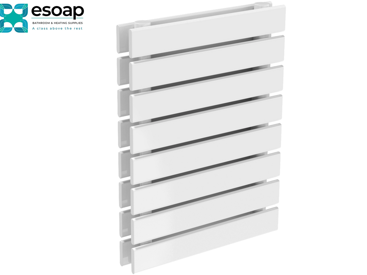 White slatted towel radiator with horizontal bars, shown at an angle on a white background with the Esoap logo in the top-left corner Reina Rione Double 544x400 White Designer Radiator