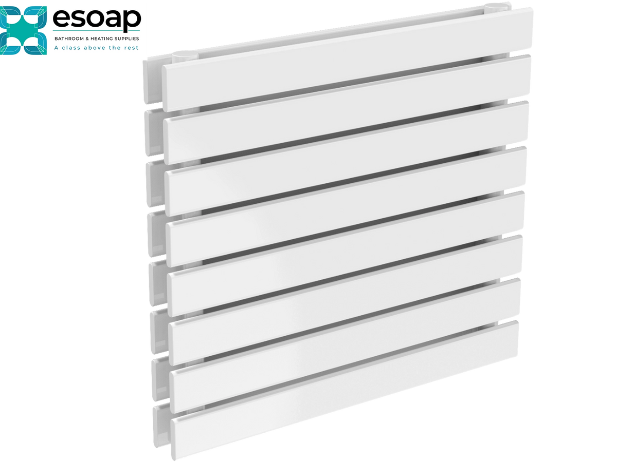 White slatted wall-mounted shower curtain rail shown at an angle on a white background, with the Esoap logo in the top-left corner Reina Rione Double 544x600 White Designer Radiator
