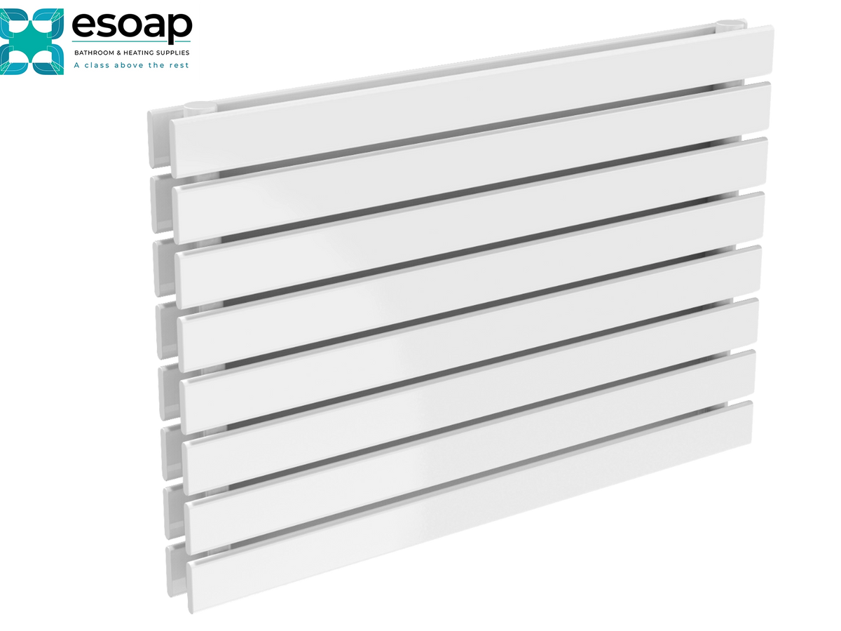 White slatted panel radiator or wall heater shown at an angle on a clean white background, with the Esoap logo in the top-left corner Reina Rione Double 544x800 White Designer Radiato