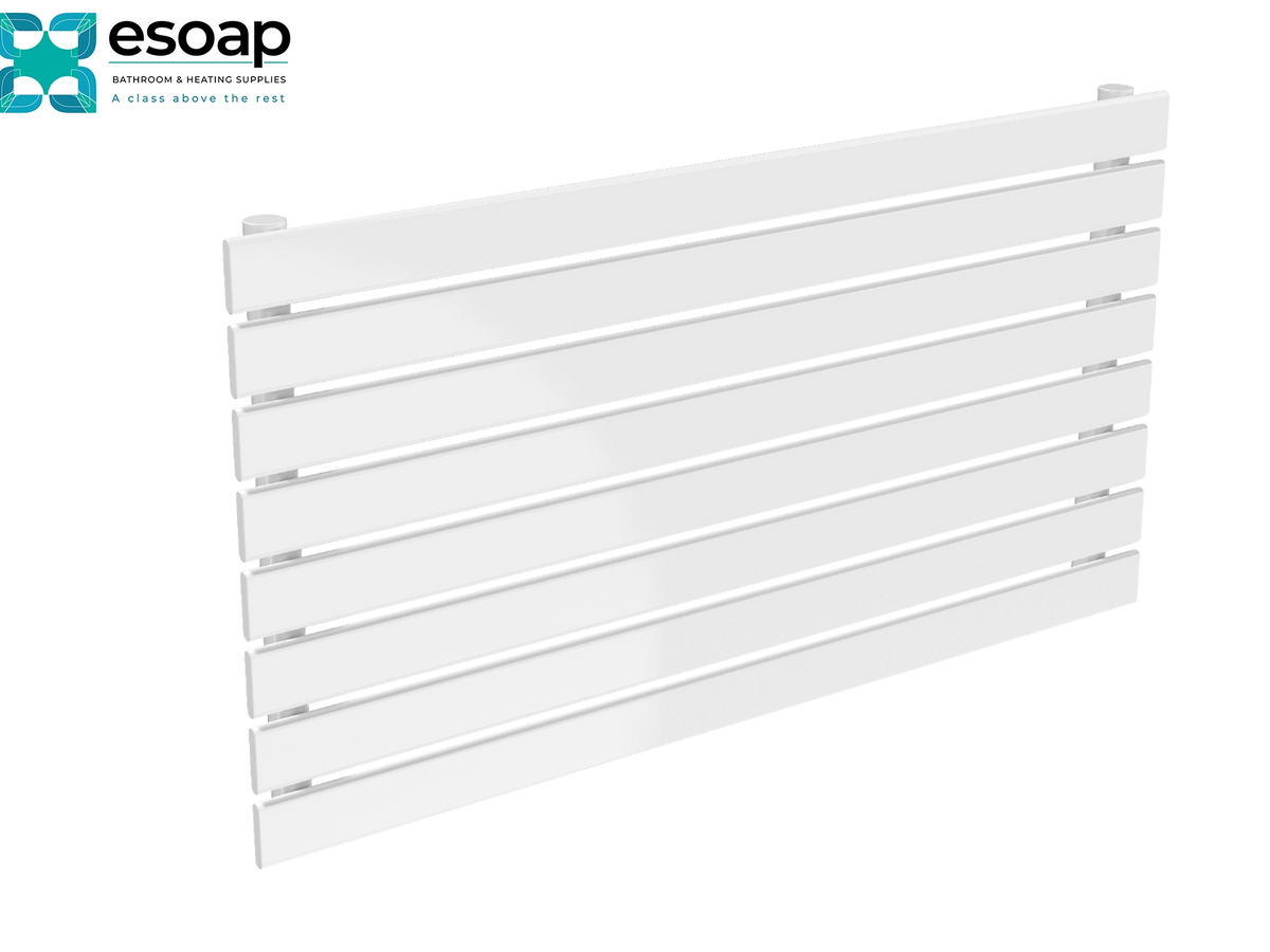 A white slatted towel radiator or heated towel rail shown at an angle on a clean white background, with the essoap logo in the top-left corner Reina Rione Single 544x1000 White Designer Radiator