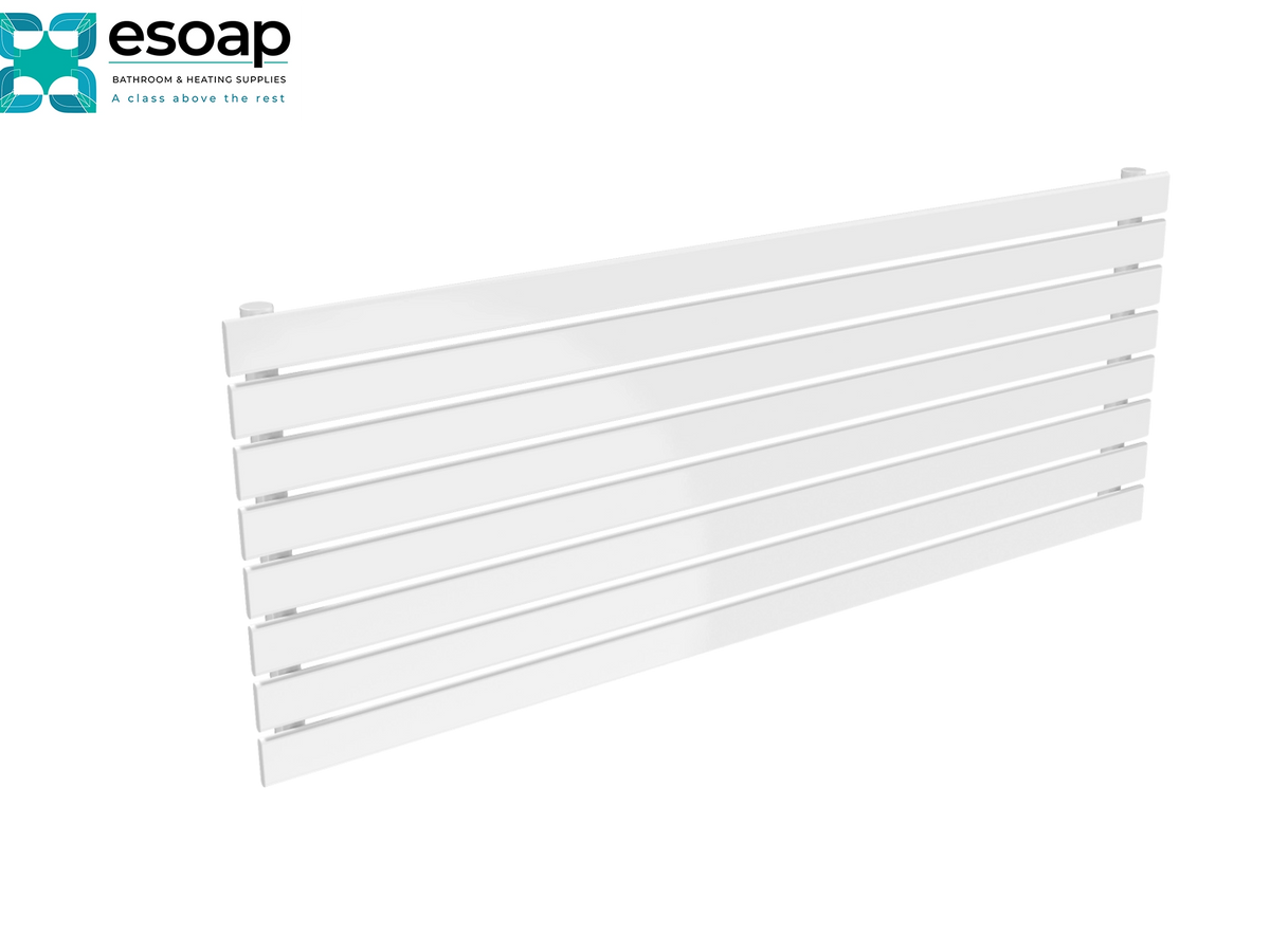 A white horizontal slatted panel, likely a towel rail or decorative wall panel, shown at an angle on a plain white background with the esoap logo in the top-left corner Reina Rione Single 544x1400 White Designer Radiator