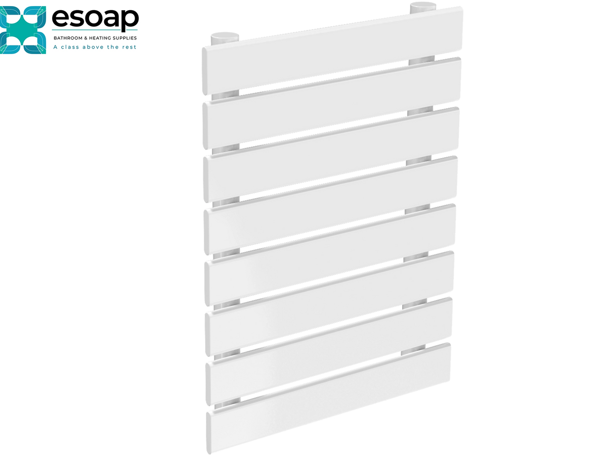 White slatted wall-mounted towel radiator shown at an angle on a white background, with the Esoap logo in the top-left corner Reina Rione Single 544x400 White Designer Radiator