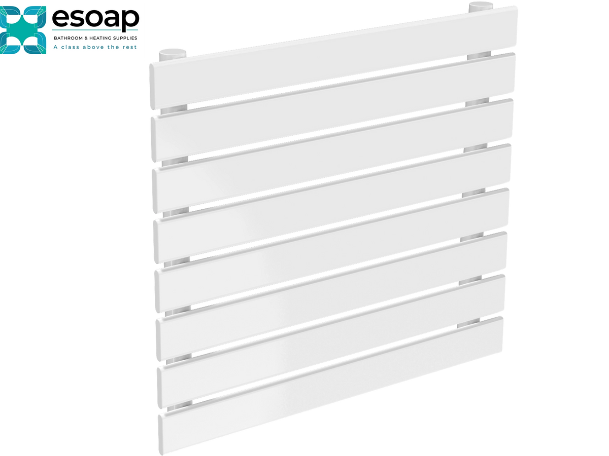 White heated towel rail with horizontal slats, shown at an angle on a white background with the Esoap logo in the top-left corner Reina Rione Single 544x600 White Designer Radiator