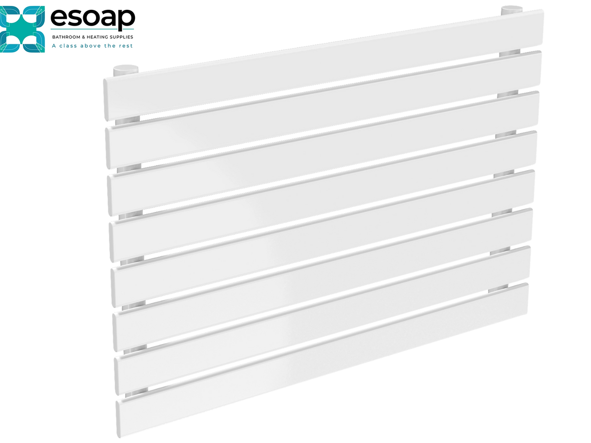 White slatted panel radiator with a glossy finish, shown at an angle on a white background with the essoap logo in the top-left corner Reina Rione Single 544x800 White Designer Radiator