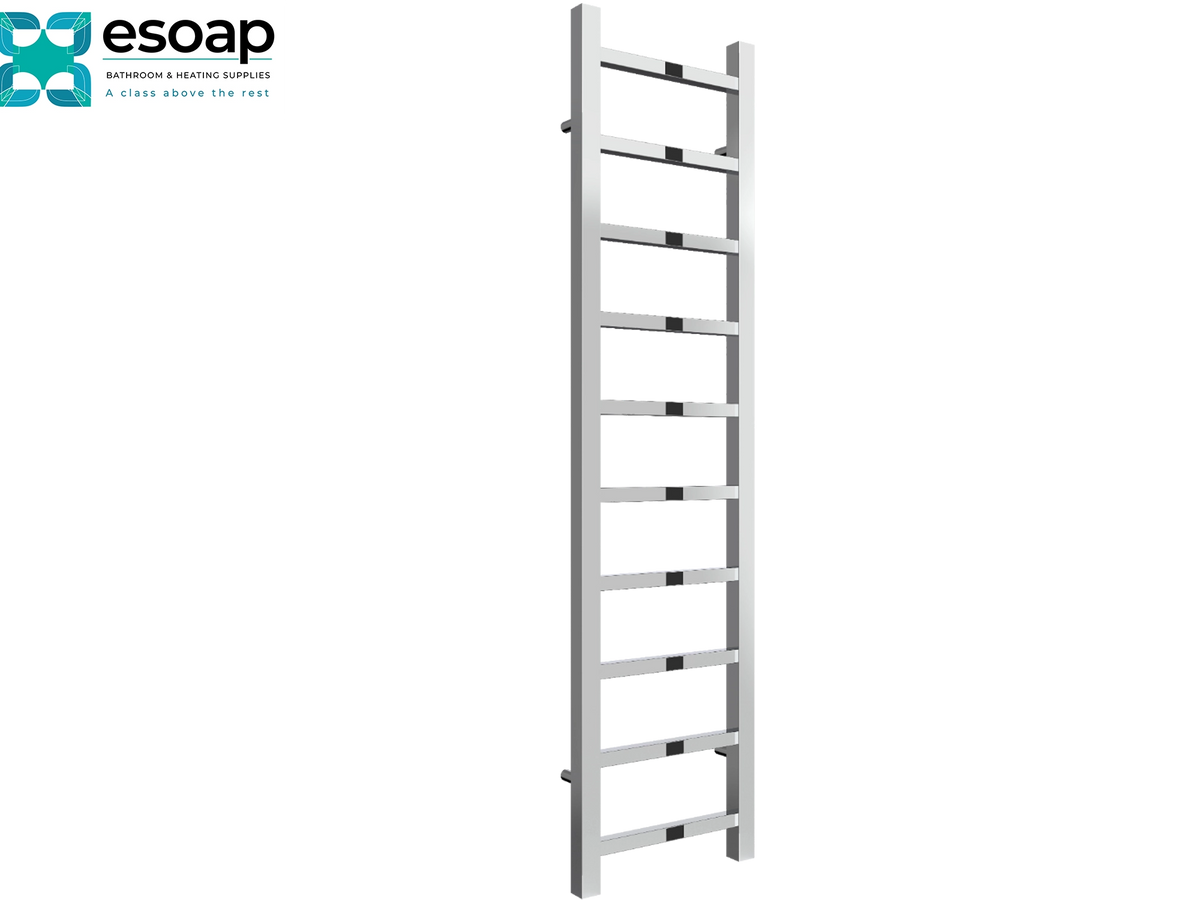 A tall, narrow white ladder-style towel rail shown on a plain white background, with the Esoap logo in the top-left corner Reina Serena 1200x300 Chrome Designer Radiator