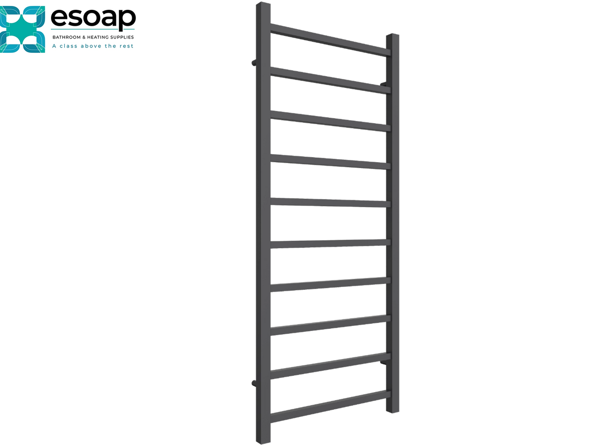 A dark gray metal ladder towel rail shown on a plain white background, with the Esoap brand logo in the top-left corner Reina Serena 1200x500 Anthracite Designer Radiator
