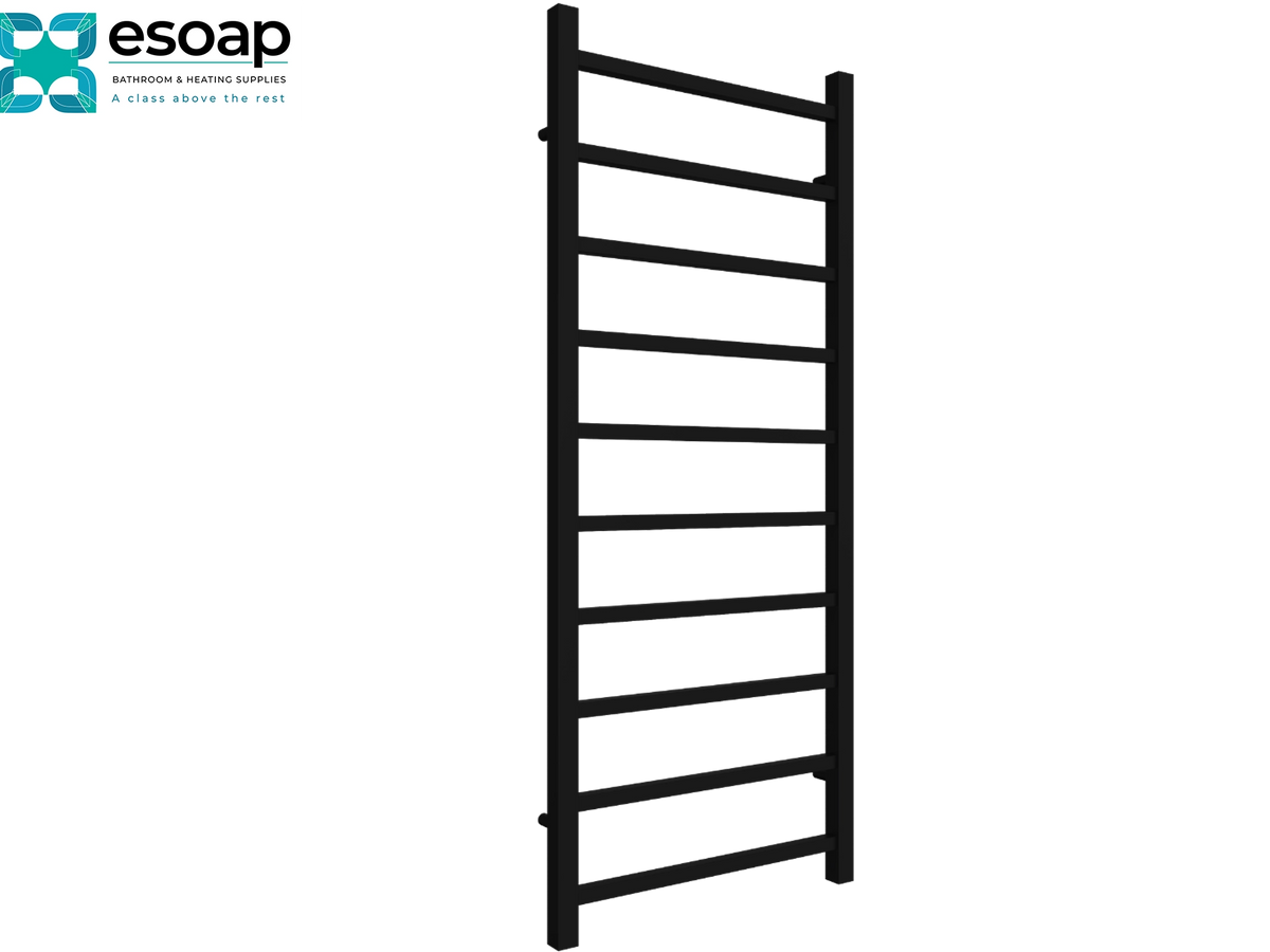 A black metal ladder towel rail shown on a plain white background, with the essoap brand logo in the top-left corner Reina Serena 1200x500 Black Designer Radiator