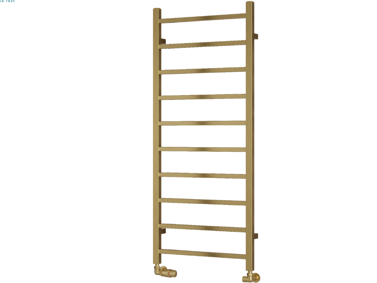 A vertical ladder-style heated towel rail in a brushed brass or gold finish, shown against a plain white background Reina Serena 1200x500 Brushed Brass Designer Radiator