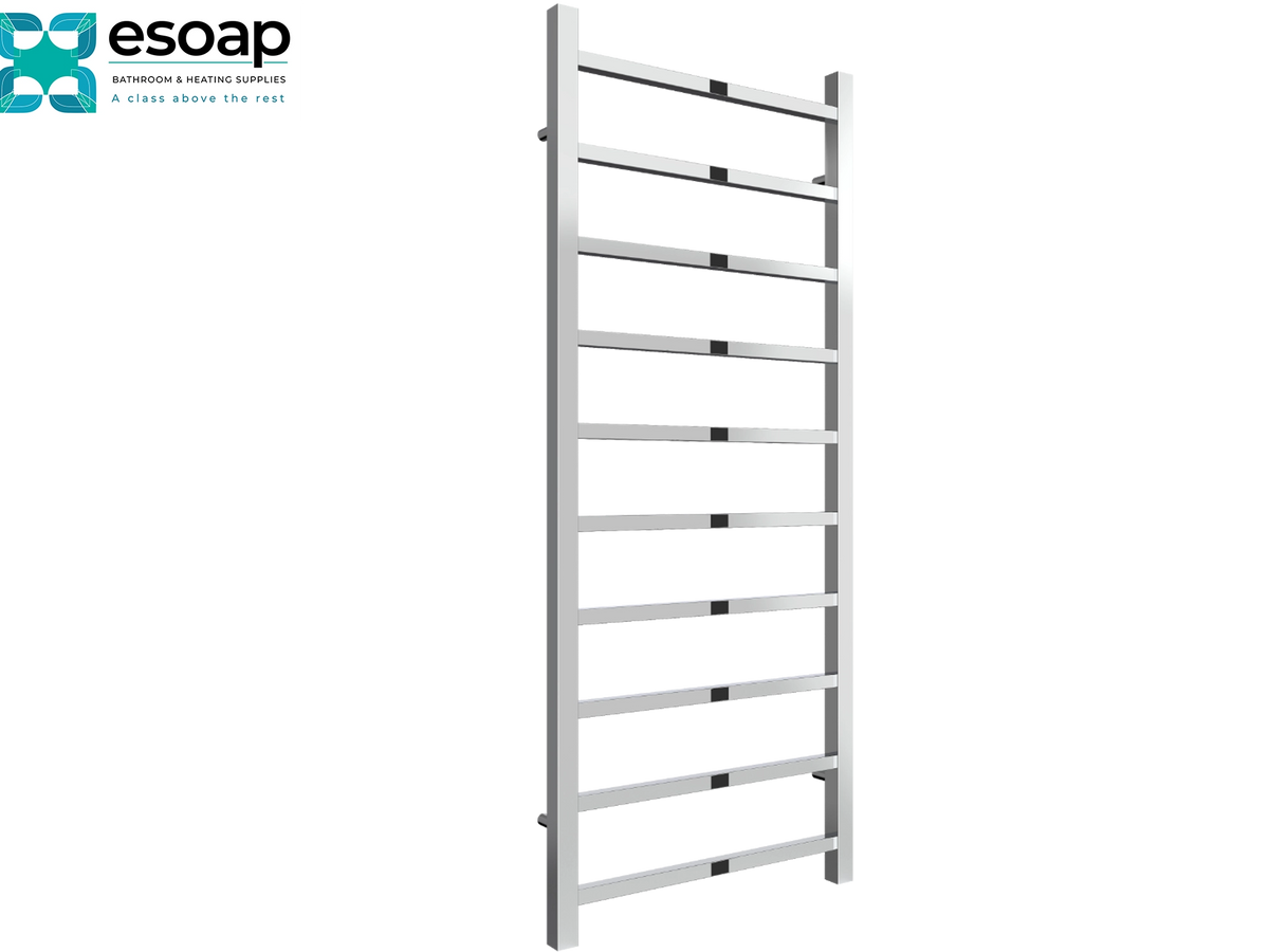 A tall, narrow white radiator ladder with horizontal bars, shown on a plain white background. The Esoap brand logo is visible in the top-left corner Reina Serena 1200x500 Chrome Designer Radiator