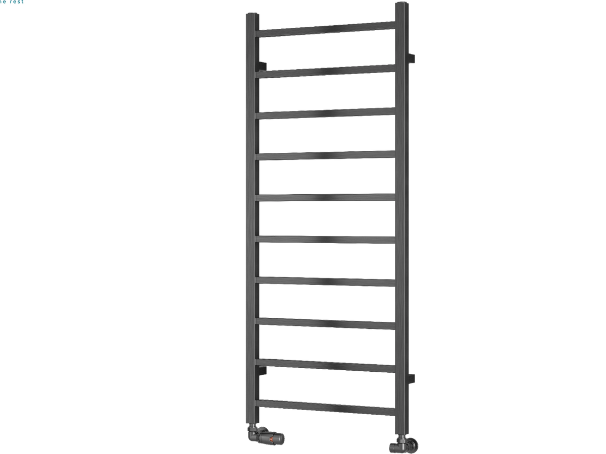 A dark gray metal heated towel rail with multiple horizontal bars and casters at the base, shown on a plain white background Reina Serena 1200x500 Brushed Gun Metal Designer Radiator