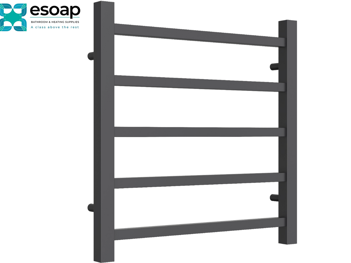 A dark gray heated towel rail with five horizontal bars, shown on a plain white background with the esoap brand logo in the top-left corner Reina Serena 500x500 Anthracite Designer Radiator