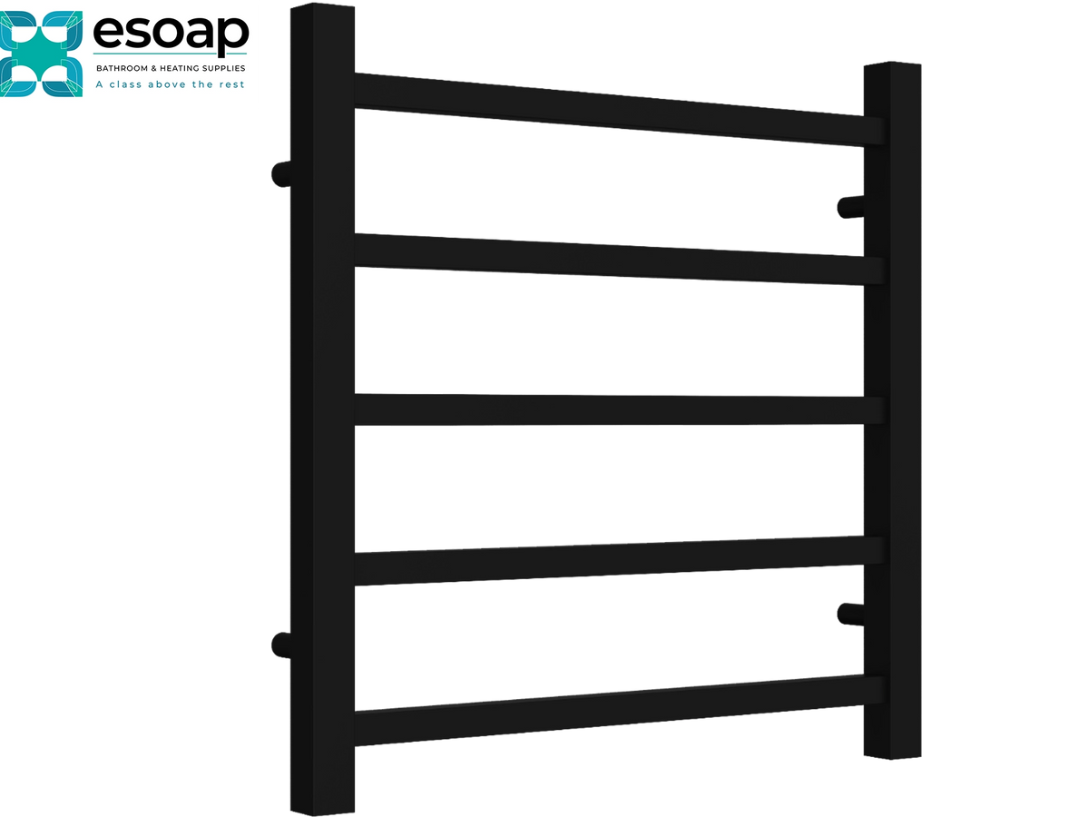A black heated towel rail with five horizontal bars and two vertical end posts, shown on a plain white background with the Esoap brand logo in the top-left corner Reina Serena 500x500 Black Designer Radiator