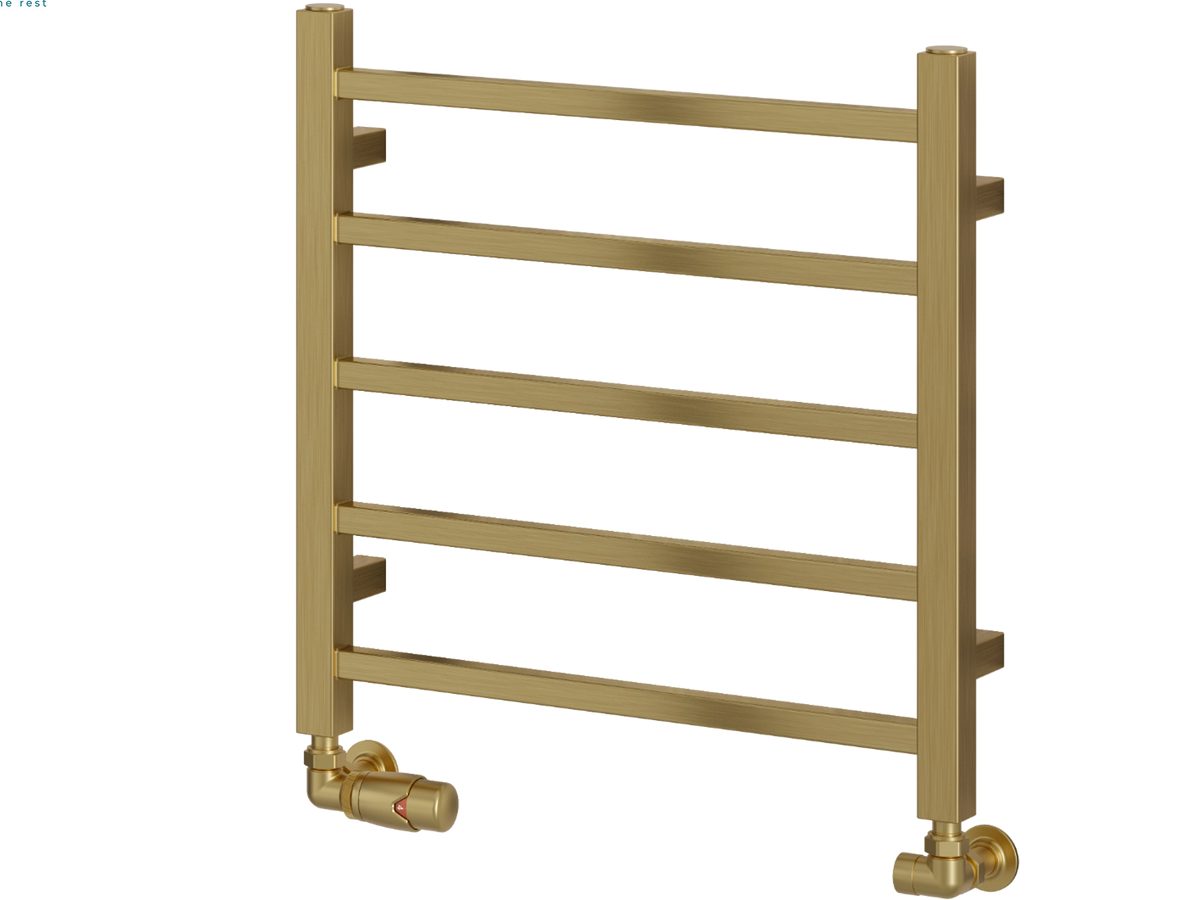 A gold-finished metal heated towel rail with five horizontal bars and cylindrical valve connectors at the bottom, shown on a plain white background Reina Serena 500x500 Brushed Brass Designer Radiator