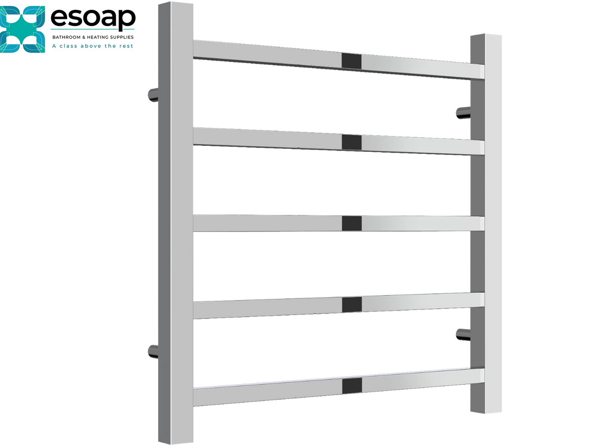 A modern silver heated towel rail with five horizontal bars, shown against a plain white background with the Esoap brand logo in the top-left corner Reina Serena 500x500 Chrome Designer Radiator