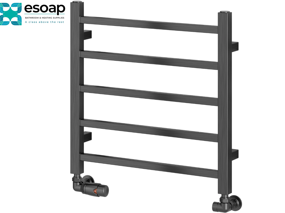 A dark gray heated towel rail with five horizontal bars and a thermostatic valve at the bottom left, shown on a white background with the esoap logo in the top-left corner Reina Serena 500x500 Brushed Gun Metal Designer Radiator