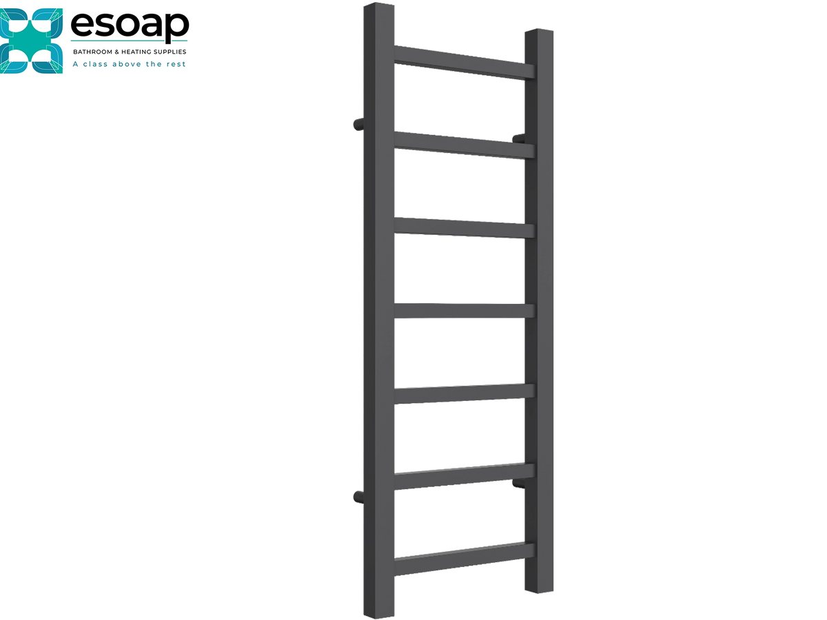 A dark gray ladder towel rail shown against a plain white background, with the essoap brand logo in the top-left corner Reina Serena 800x300 Anthracite Designer Radiator