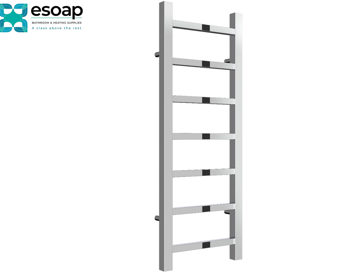 A tall, narrow white ladder-style towel rail with black grip pads on the rungs, shown on a plain white background. The logo for esoap is visible in the top-left corner Reina Serena 800x300 Chrome Designer Radiator