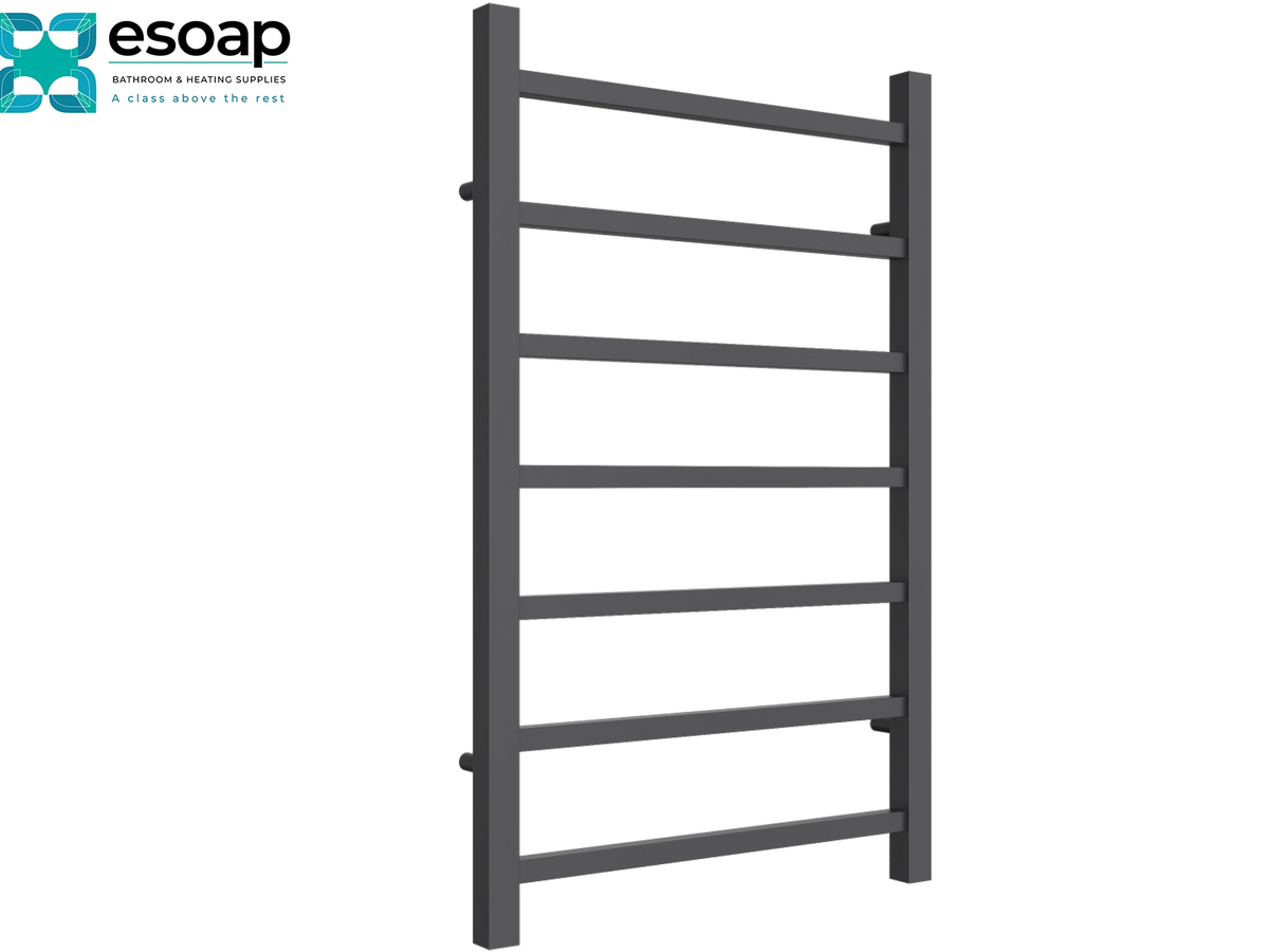 A dark gray metal ladder towel rail shown on a plain white background, with the essoap logo in the top-left corner Reina Serena 800x500 Anthracite Designer Radiator