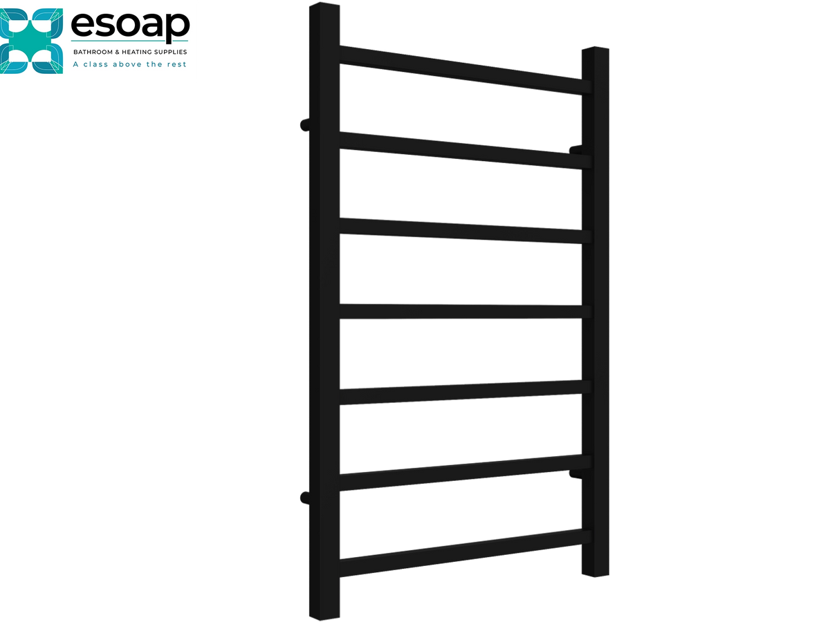 A black metal heated towel rail with five horizontal bars, shown against a plain white background with the essoap brand logo in the top-left corner Reina Serena 800x500 Black Designer Radiator
