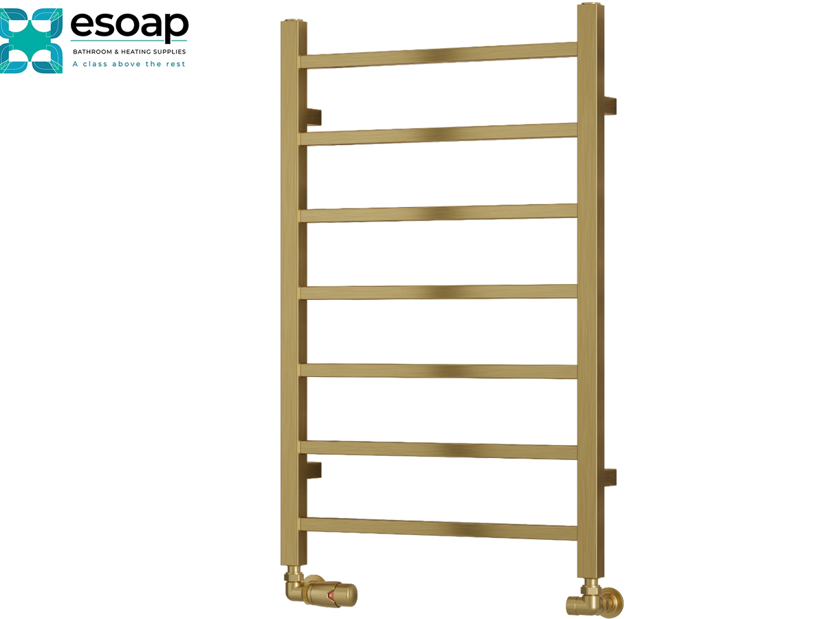 A gold-finished heated towel rail with five horizontal bars, shown on a plain white background with the Esoap logo in the top-left corner Reina Serena 800x500 Brushed Brass Designer Radiator
