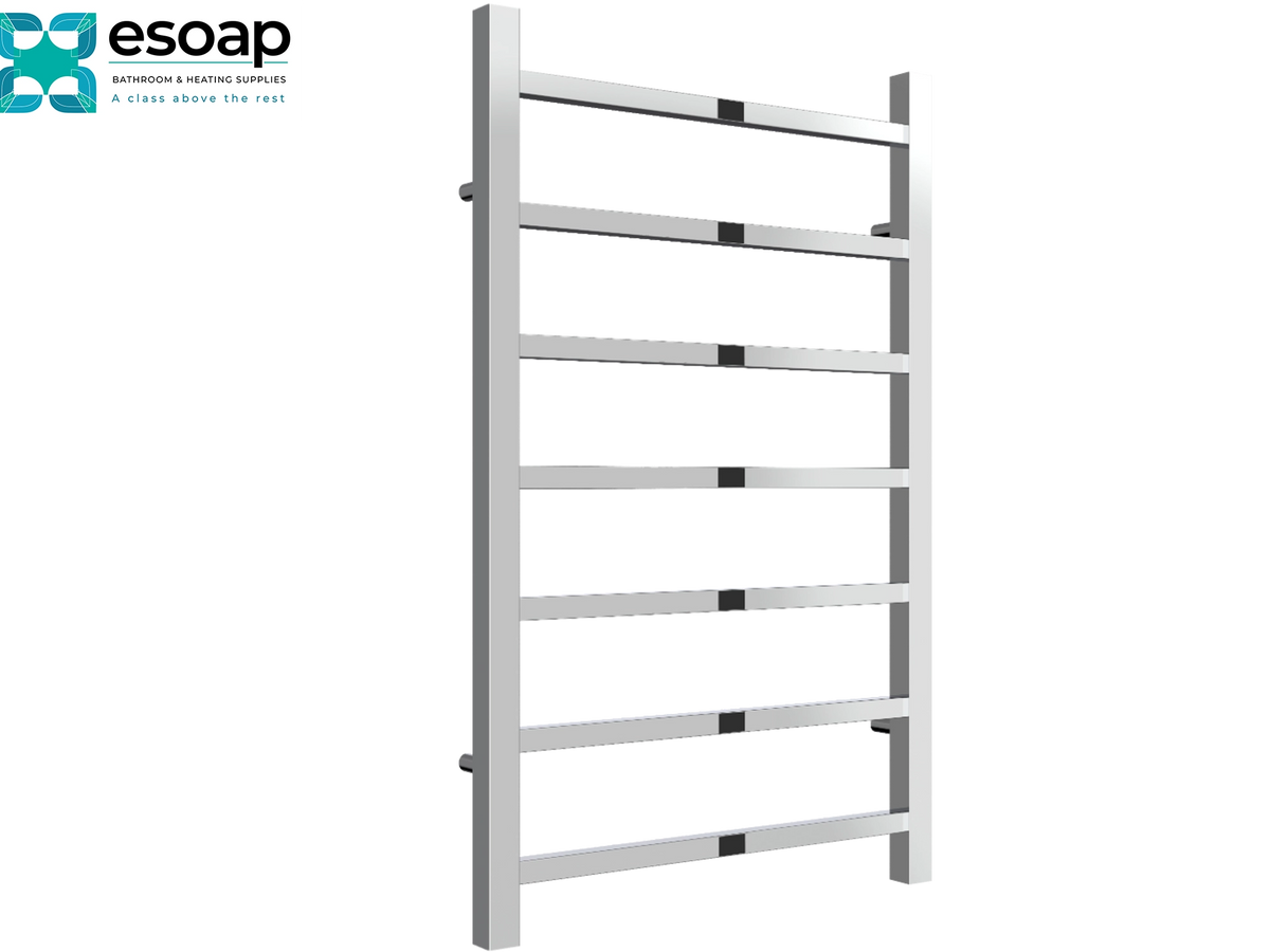 A silver stainless steel ladder towel rail with black grip pads, shown against a plain white background with the Esoap brand logo in the top-left corner Reina Serena 800x500 Chrome Designer Radiator