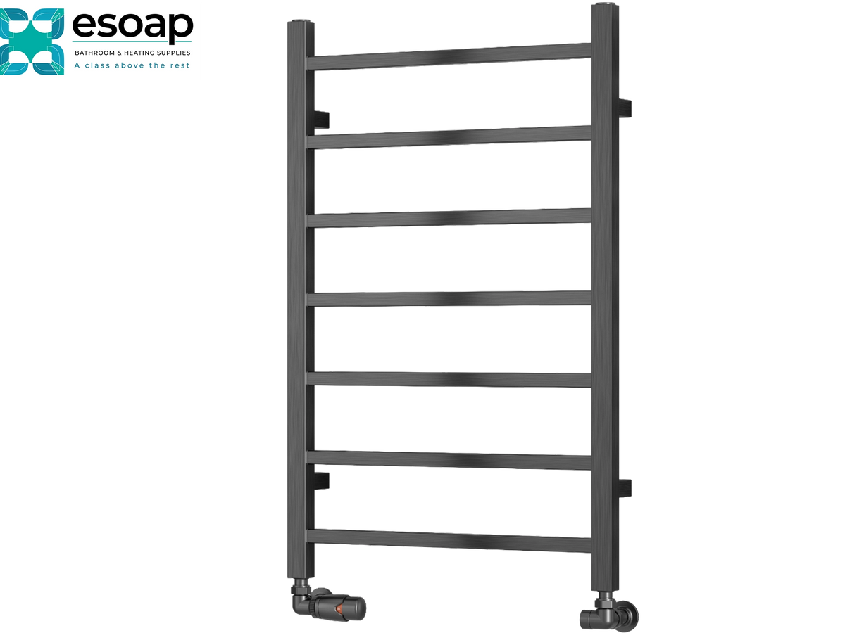 A dark gray metallic ladder towel rail with five horizontal bars and adjustable foot valves at the bottom, shown on a plain white background with the Esoap brand logo in the top-left corner Reina Serena 800x500 Brushed Gun Metal Designer Radiator