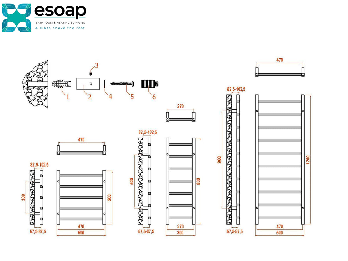 Technical dimension diagram of an Esoap radiator with exploded view and measurements in millimeters on a white background Reina Serena Designer Radiator