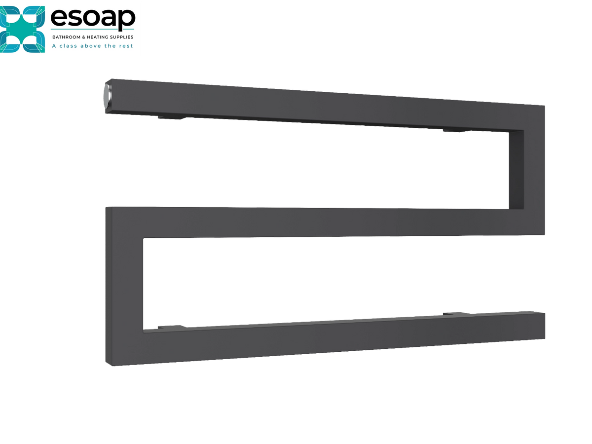 A dark gray metal wall-mounted frame or bracket shown on a plain white background, with the esoap logo in the top-left corner Reina Serpe 270x500 Anthracite Designer Radiator