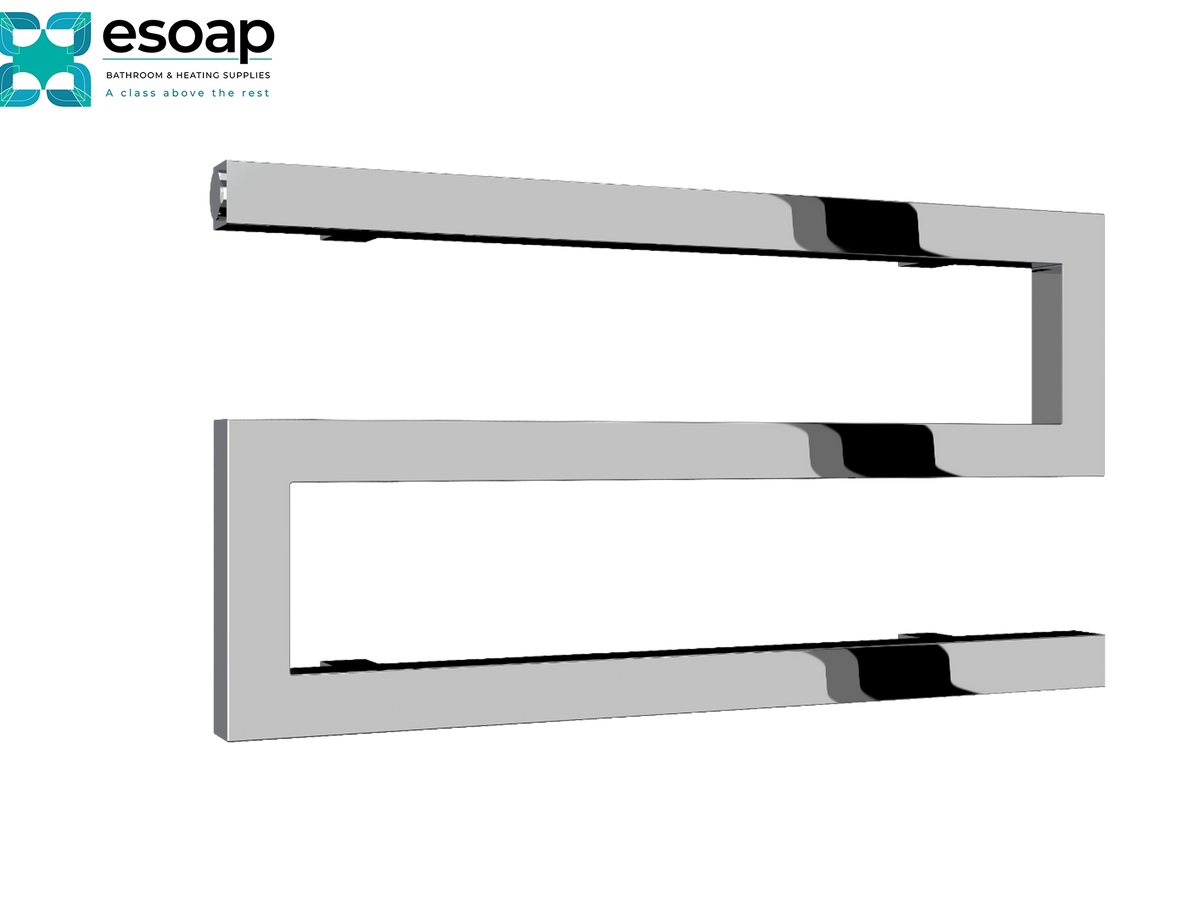 A modern chrome wall-mounted towel rail with an open rectangular design, shown against a plain white background with the essoap logo in the top-left corner Reina Serpe 270x500 Chrome Designer Radiator