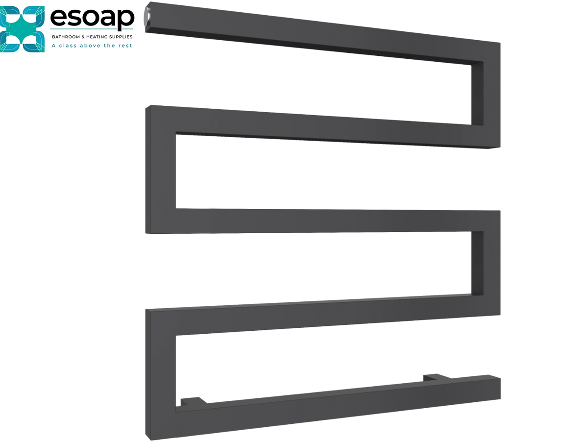 A dark gray open-frame radiator heater with a modern serpentine design, shown on a white background with the esoap brand logo in the top-left corner Reina Serpe 510x500 Anthracite Designer Radiator