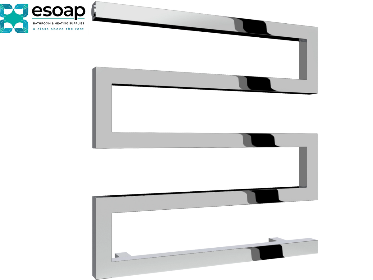 A modern chrome spiral towel rail with a polished metallic finish, shown on a white background with the Esoap logo in the top-left corner Reina Serpe 510x500 Chrome Designer Radiator