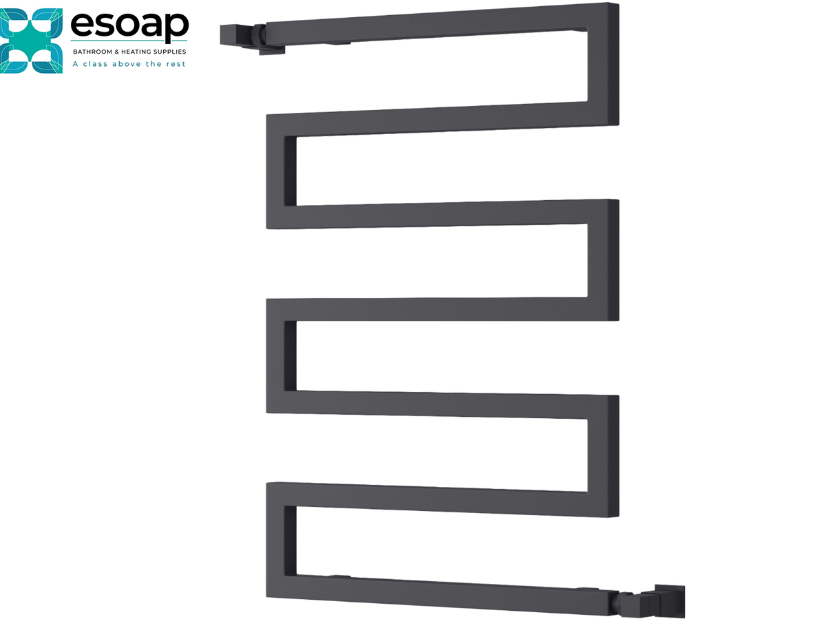 A dark gray, modern square spiral radiator shown on a plain white background, with the Esoap brand logo in the top-left corner Reina Serpe 750x500 Anthracite Designer Radiator