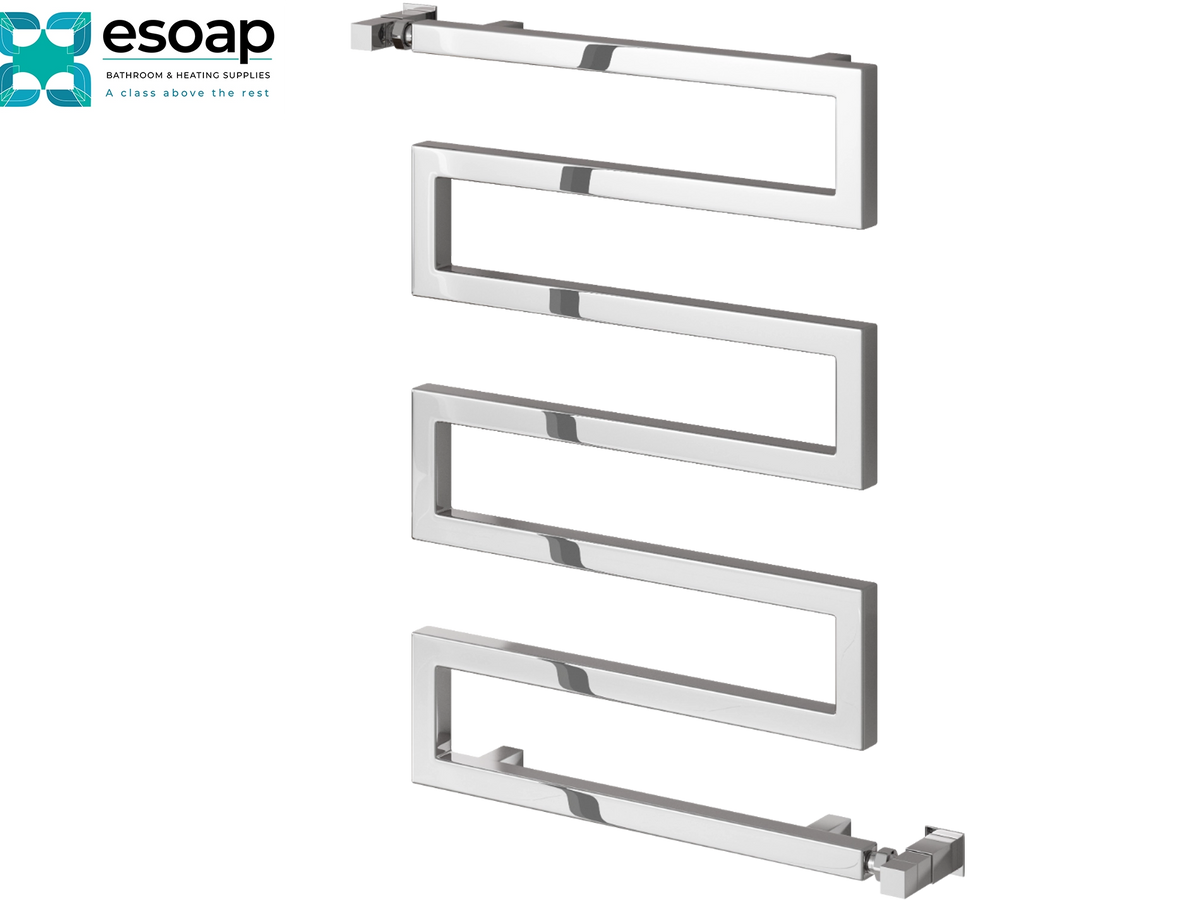 A four-tier modern chrome radiator towel bar set with a sleek, geometric L-shaped design, shown on a white background with the Esoap brand logo in the top-left corner Reina Serpe 750x500 Chrome Designer Radiator