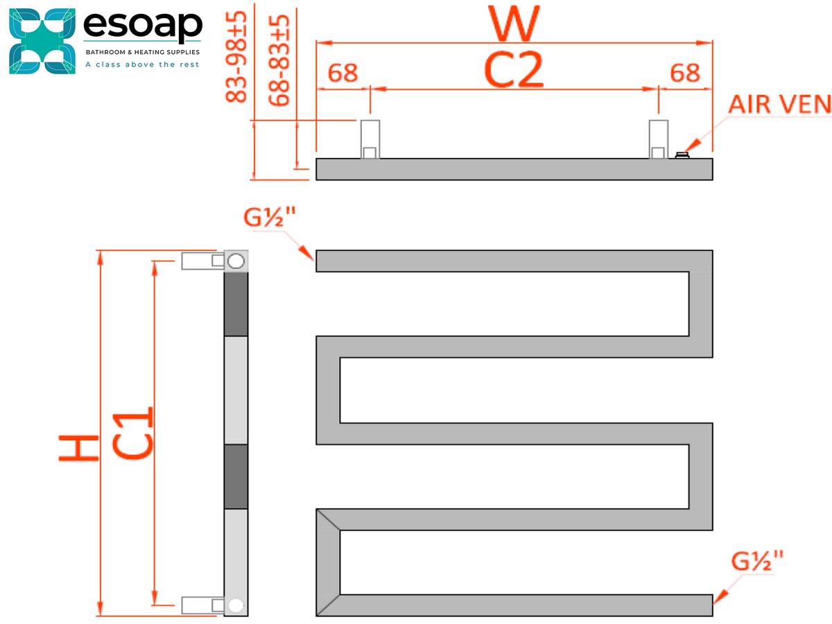Technical dimension diagram of a coil-style heat exchanger, showing front and side views with measurements labeled W, C2, H, and C1, plus air vent callouts on a white background. The Esoap logo appears in the top left Reina Serpe Designer Radiator
