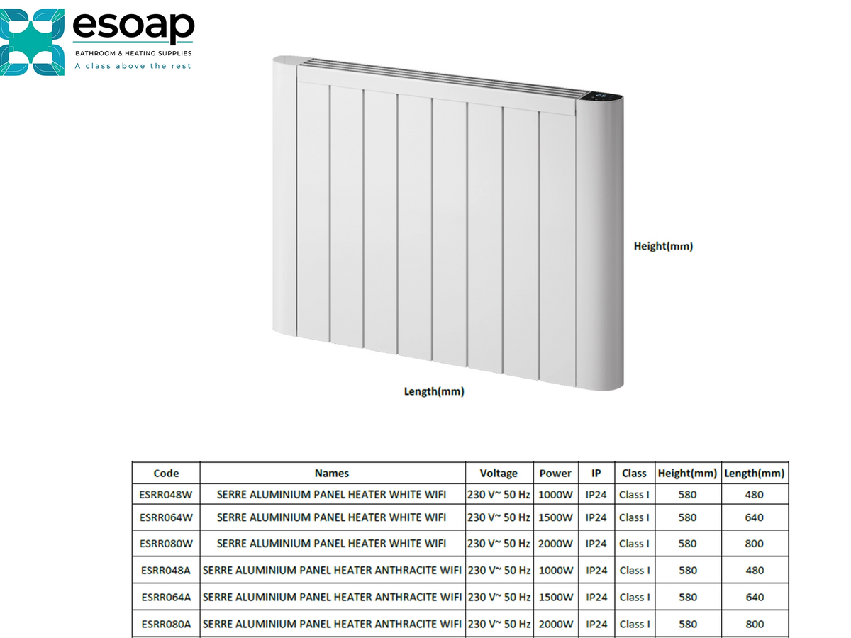 A white SERRE Aluminium Panel Heater shown on a white background with a dimension label indicating height and length, plus a specification table below. The esoap brand logo is visible in the top left. Reina Serre Designer Radiator